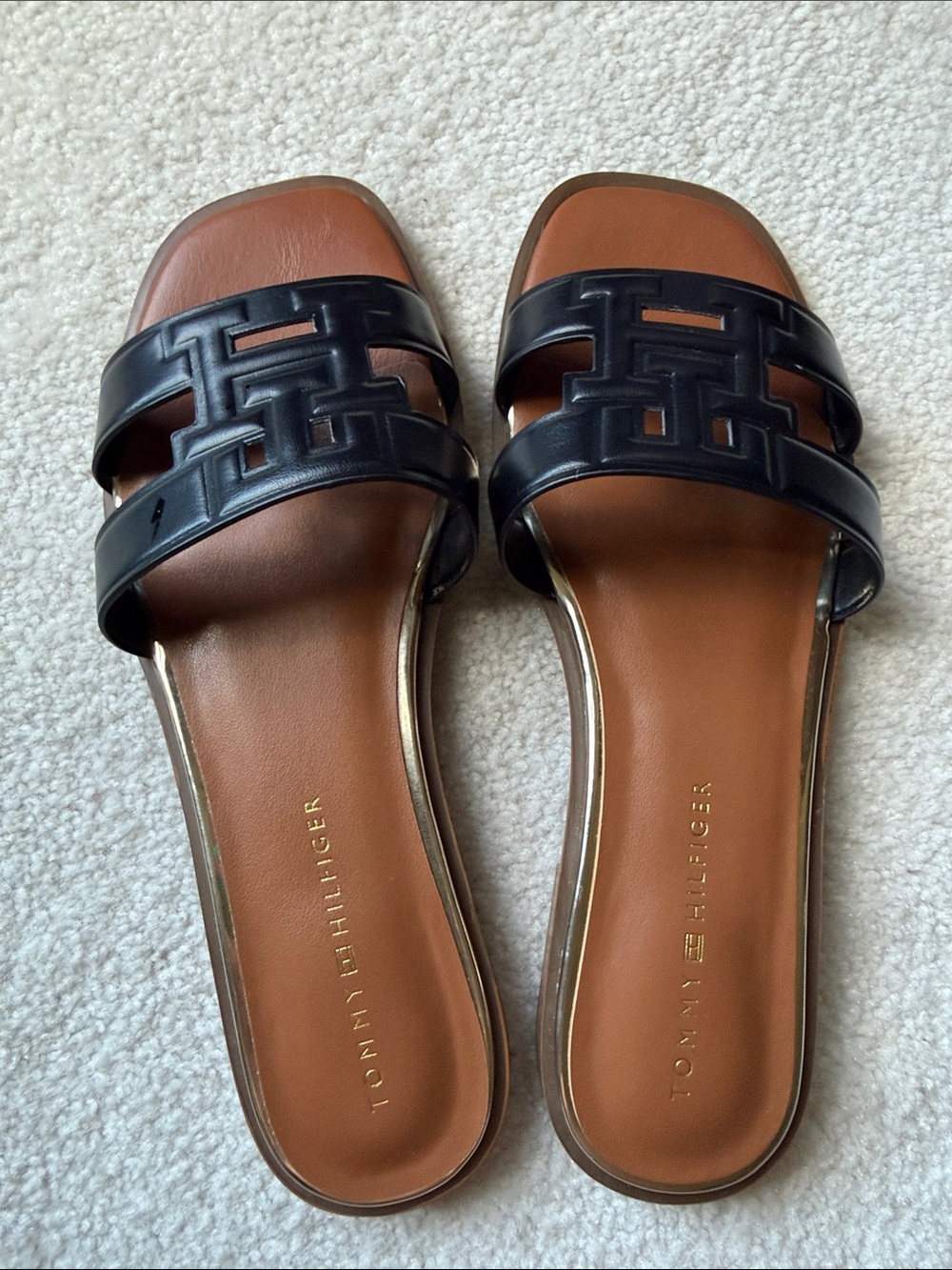 Tommy Hilfiger Black and Brown Slide Sandals